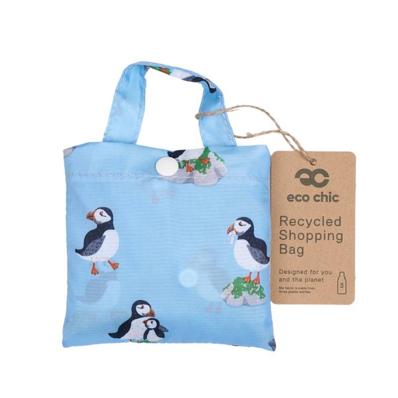 Eco Chic Lightweight Foldable Reusable Shopping Bag (Multi Puffin Blue)