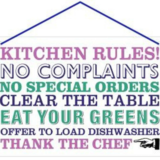 Hang Ups Kitchen Rules! - Rolled Tin Plaque with Coloured Cord
