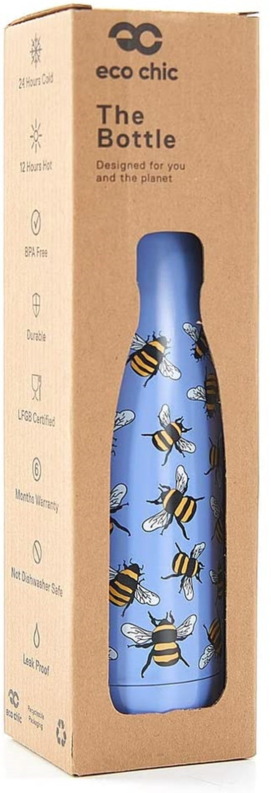 Eco Chic Reusable Thermal Bottle | Stainless Steel Insulated Travel Bottle with Leakproof Lid | Eco-Friendly and Reusable for Hot & Cold Drinks (Blue Bees, 500ml/17oz)