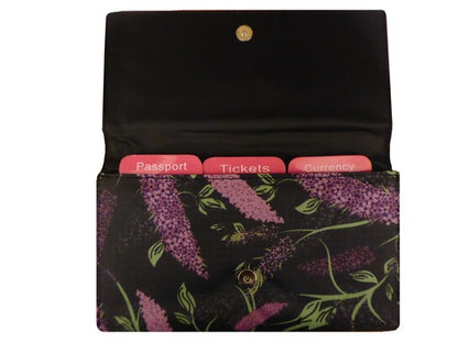 Travel Document Wallet by Eco Chic Waterproof & Durable Fabric Buddleia Design - Black