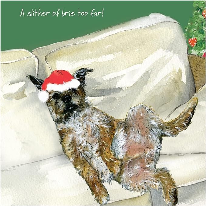 Border Terrier dog in Santa hat Christmas card - Too much cheese