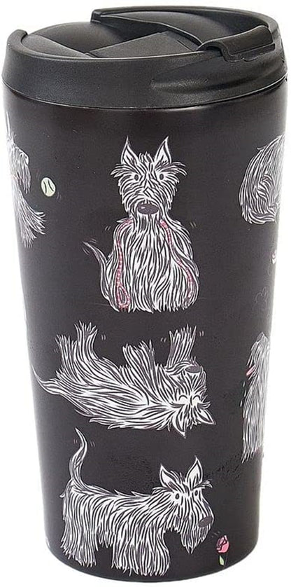 Eco Chic Reusable Thermal Coffee Cup Stainless Steel Insulated Travel Mug with Leakproof Lid | Eco-Friendly and Reusable for Hot & Cold Drinks (Black Scotties, 380ml/13oz)