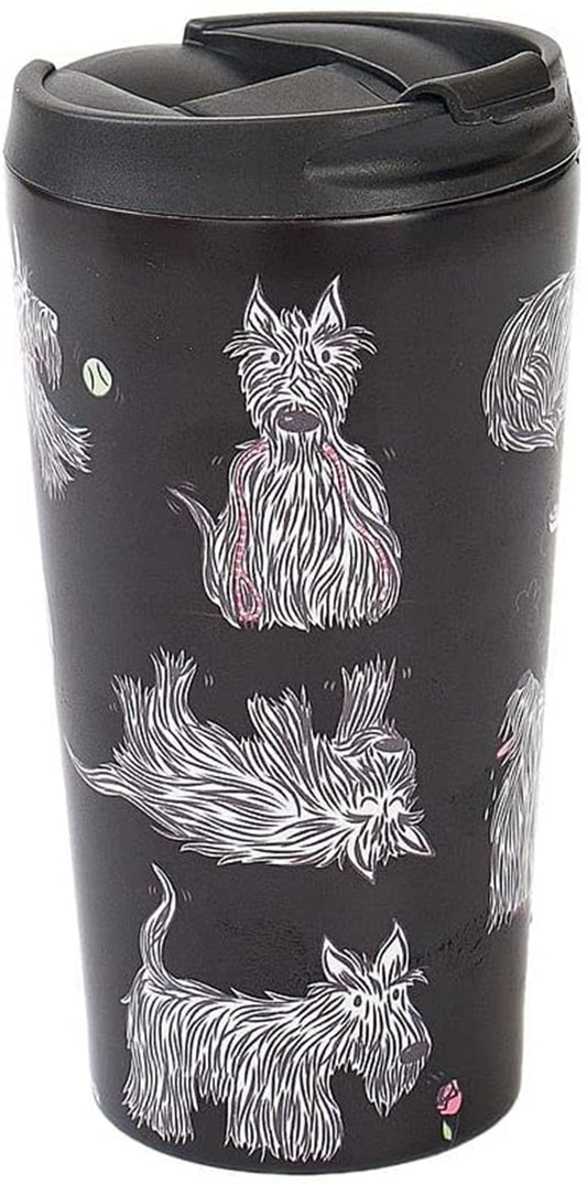 Eco Chic Reusable Thermal Coffee Cup Stainless Steel Insulated Travel Mug with Leakproof Lid | Eco-Friendly and Reusable for Hot & Cold Drinks (Black Scotties, 380ml/13oz)
