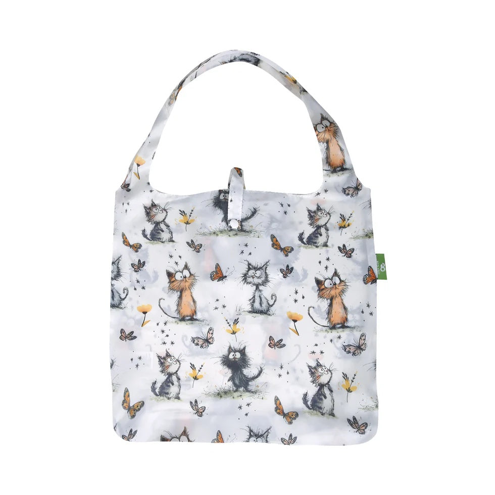 Eco Chic Lightweight Foldable Reusable Shopping Bag Whimsy Cats White (EC-A111WT)