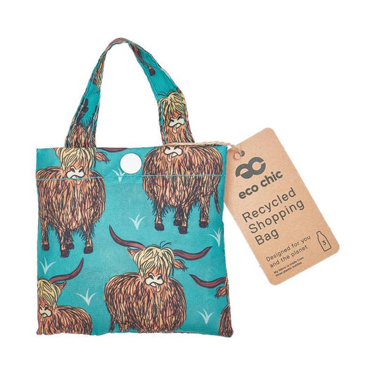 Eco Chic Lightweight Foldable Reusable Shopping Bag (Highland Cow Teal)