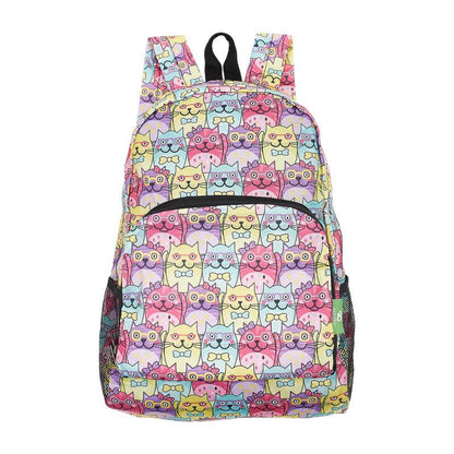 ECO CHIC Foldaway Back Pack/School Bag/Shopping Bag - Made From Recycled Plastic Bottles - Glasses Cat (Multi)