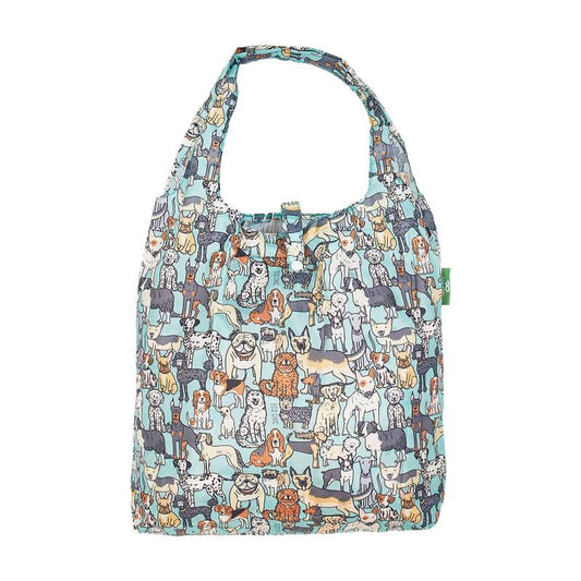 Eco Chic Lightweight Foldable Reusable Shopping Bag (Dogs Teal)