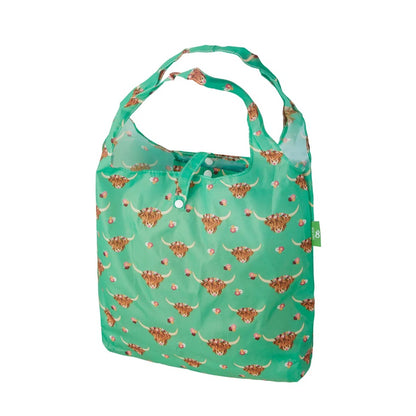 Eco Chic Lightweight Foldable Reusable Shopping Bag (Floral Highland Cow Green)