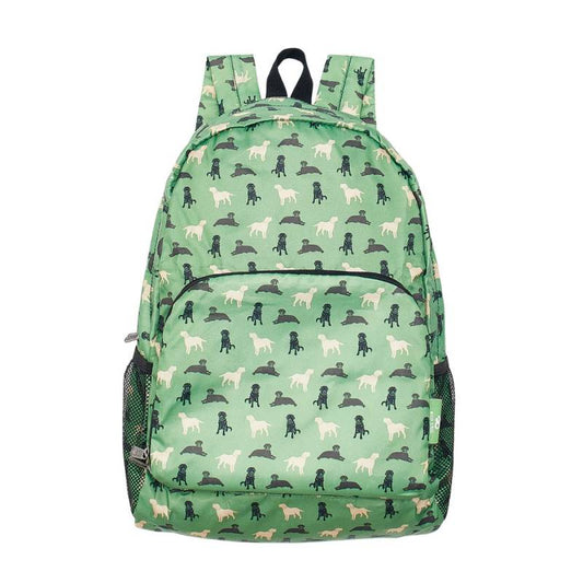 ECO CHIC Foldaway Back Pack/School Bag/Shopping Bag - Made From Recycled Plastic Bottles - Labradors (Green)