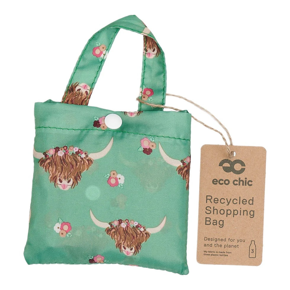 Eco Chic Lightweight Foldable Reusable Shopping Bag (Floral Highland Cow Green)