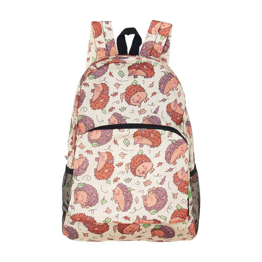 ECO CHIC Foldaway Back Pack/School Bag/Shopping Bag - Made From Recycled Plastic Bottles - Hedgehog (Beige)