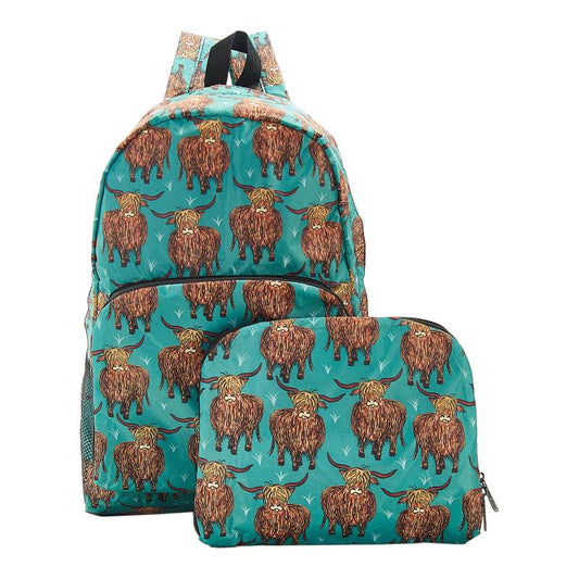 ECO CHIC Foldaway Back Pack/School Bag/Shopping Bag - Made From Recycled Plastic Bottles - Highland Cow (Teal)