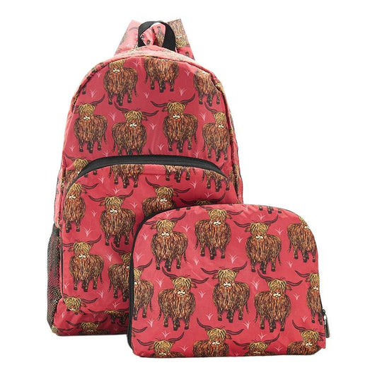 ECO CHIC Foldaway Back Pack/School Bag/Shopping Bag - Made From Recycled Plastic Bottles - Highland Cow (Red)
