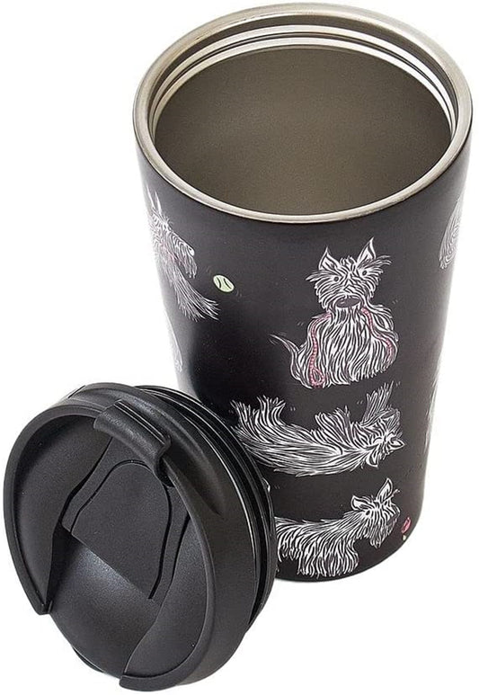 Eco Chic Reusable Thermal Coffee Cup Stainless Steel Insulated Travel Mug with Leakproof Lid | Eco-Friendly and Reusable for Hot & Cold Drinks (Black Scotties, 380ml/13oz)