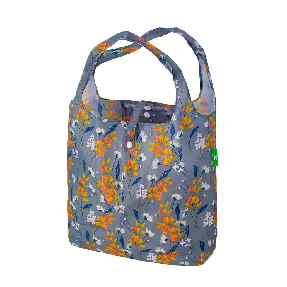 Eco Chic Foldable Reusable Shopping Bag Flowers Grey  (EC-A67GY)