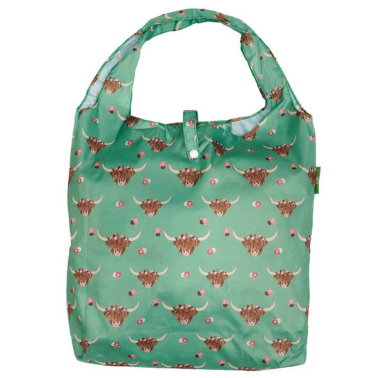 Eco Chic Lightweight Foldable Reusable Shopping Bag (Floral Highland Cow Green)