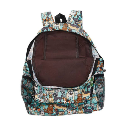 ECO CHIC Foldaway Back Pack/School Bag/Shopping Bag - Made From Recycled Plastic Bottles - Dogs (Teal)