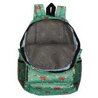 ECO CHIC Foldaway Back Pack/School Bag/Shopping Bag - Made From Recycled Plastic Bottles - Floral Highland Cow (Green)