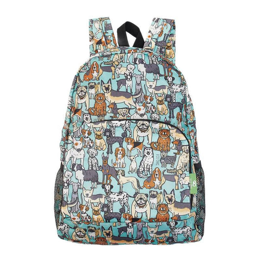 ECO CHIC Foldaway Back Pack/School Bag/Shopping Bag - Made From Recycled Plastic Bottles - Dogs (Teal)