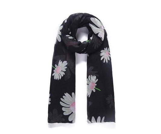 Black floral print long scarf