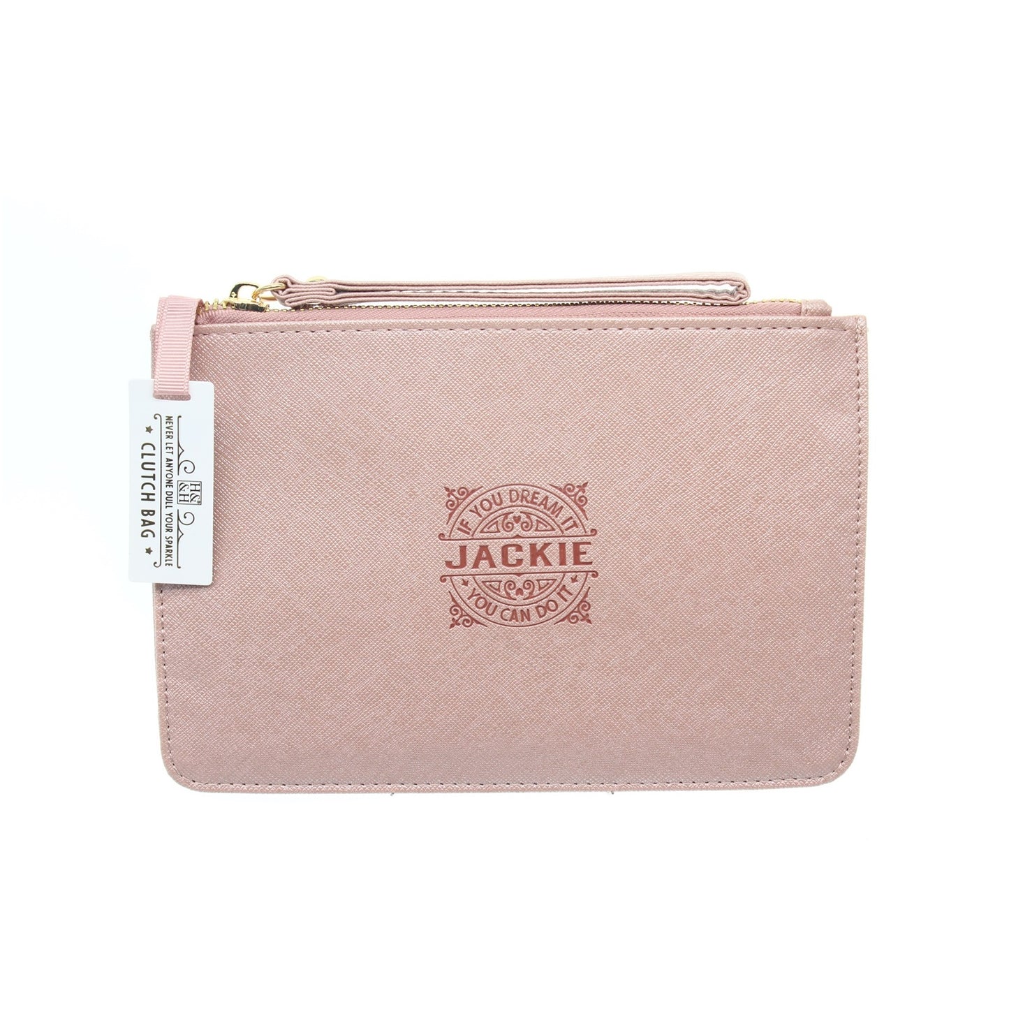 Clutch Bag With Handle & Embossed Text "Jackie"