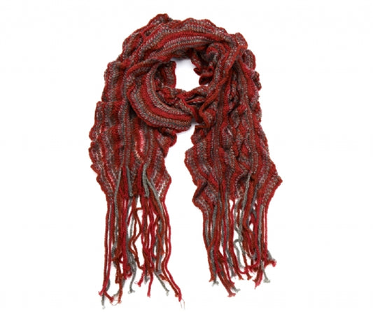 Knitted frill stripe scarf (Red)