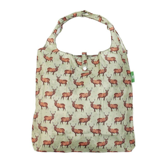New Eco Chic 100% Recycled Foldable Stag Print Reusable Shopper Bag [EC-A46GN]