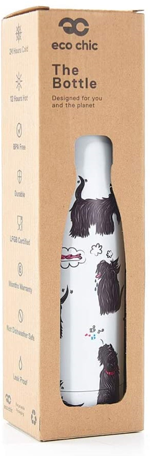 Eco Chic Reusable Thermal Bottle | Stainless Steel Insulated Travel Bottle with Leakproof Lid | Eco-Friendly and Reusable for Hot & Cold Drinks (White Scatty Scotty, 500ml/17oz)