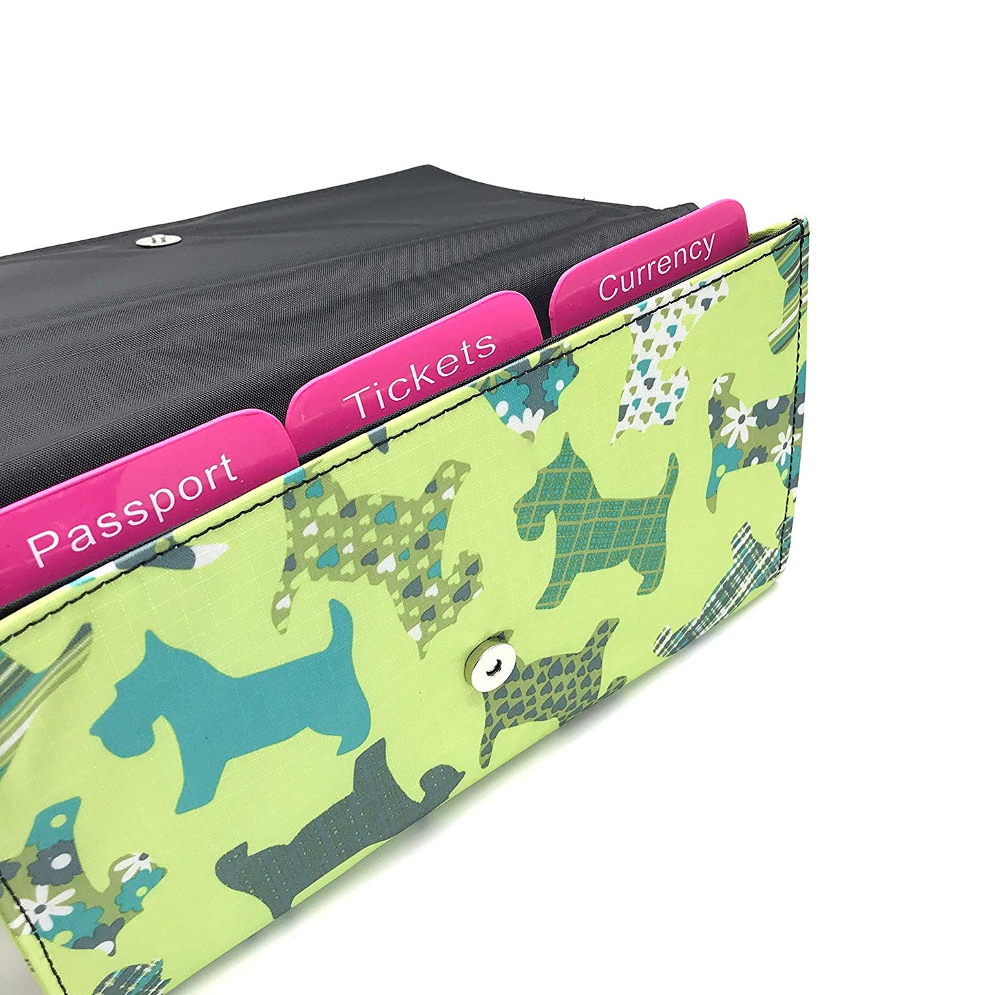 Travel Document Wallet by Eco Chic Waterproof & Durable Fabric Floral Scotty Dog Design - Green