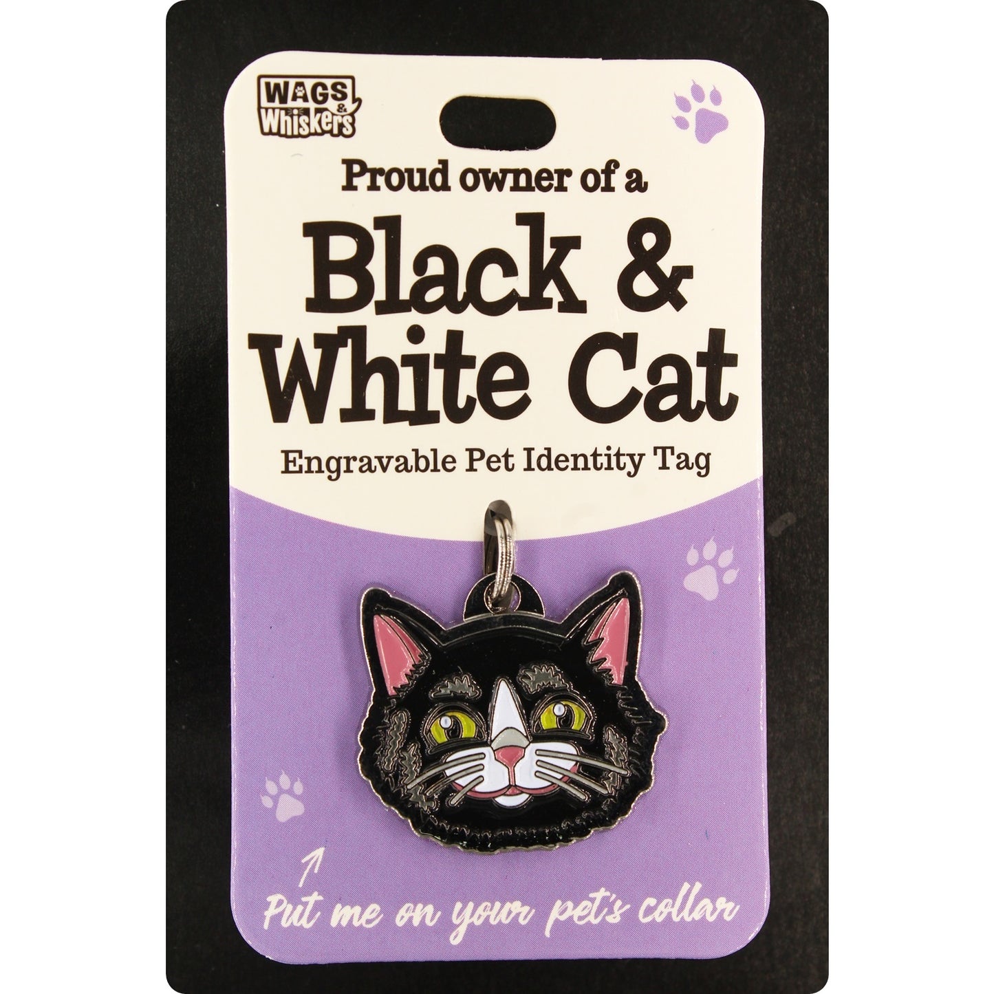 DESIRABLE GIFTS BLACK & WHITE CAT WAGS & WHISKERS CAT PET TAG I CAN NOT ENGRAVE THIS ITEM