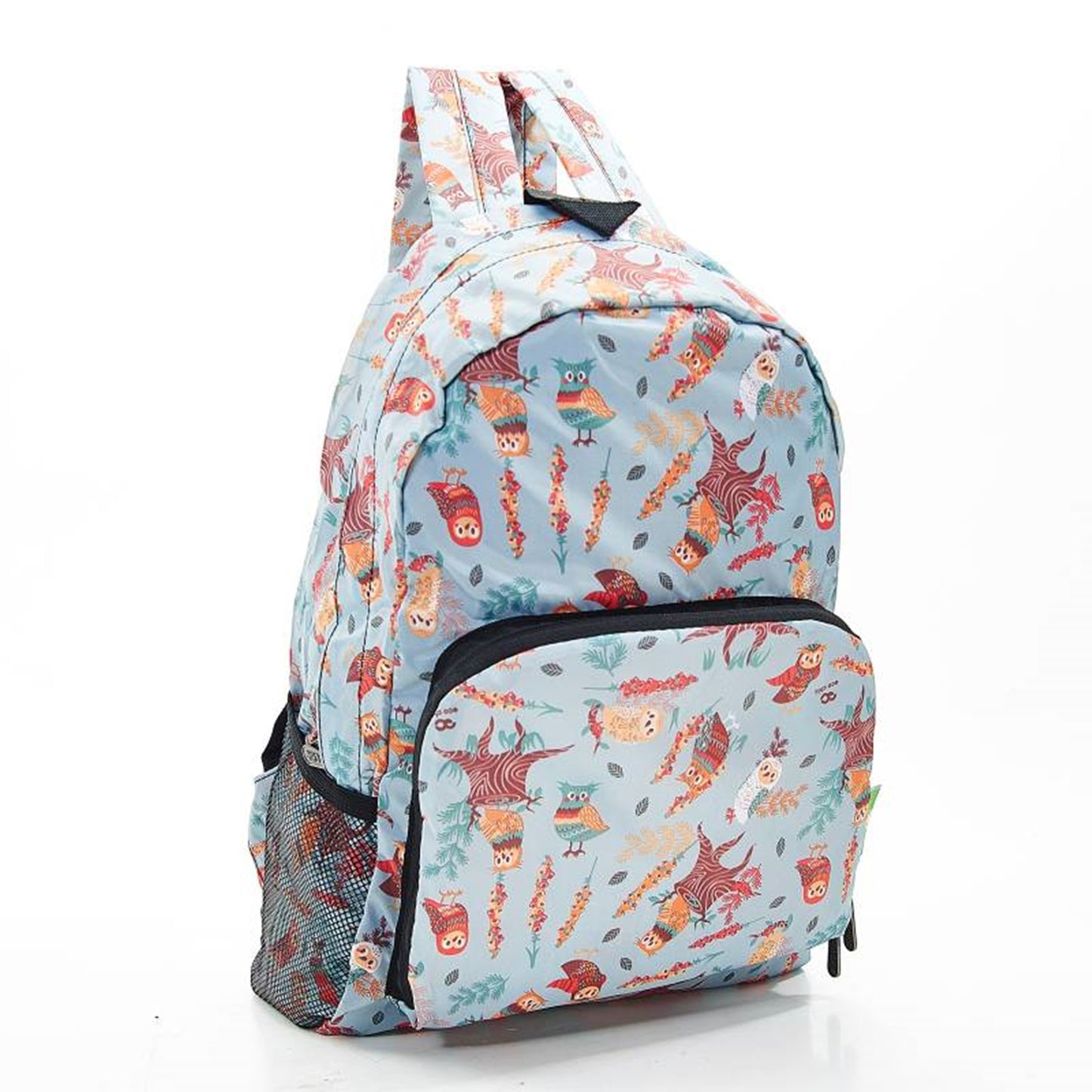 ECO CHIC Foldaway Back Pack/School Bag/Shopping Bag - Made From Recycled Plastic Bottles - Owls (Blue)