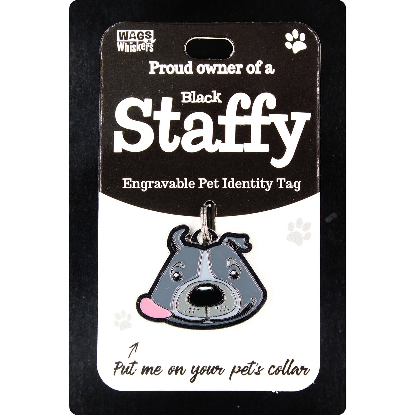DESIRABLE GIFTS BLACK STAFFY WAGS & WHISKERS DOG PET TAG I CAN NOT ENGRAVE THIS ITEM