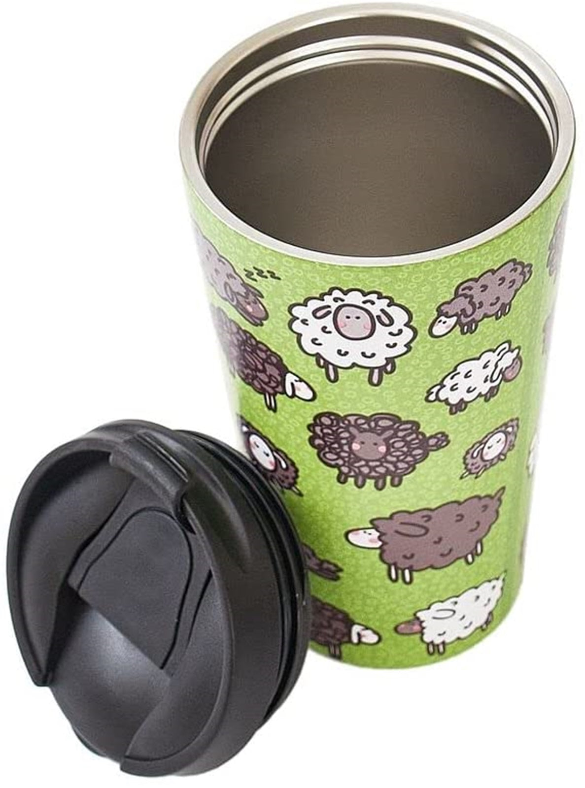 Eco Chic Reusable Thermal Coffee Cup | Stainless Steel Insulated Travel Mug with Leakproof Lid | Eco-Friendly and Reusable for Hot & Cold Drinks (Green Sheep, 380ml/13oz)