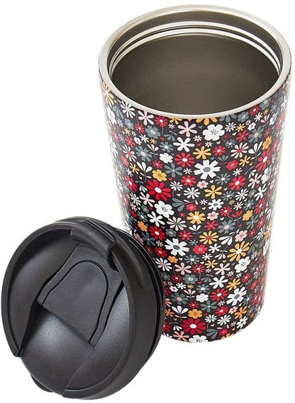 Eco Chic Reusable Thermal Coffee Cup | Stainless Steel Insulated Travel Mug with Leakproof Lid | Eco-Friendly and Reusable for Hot & Cold Drinks (Black Ditsy, 380ml/13oz)