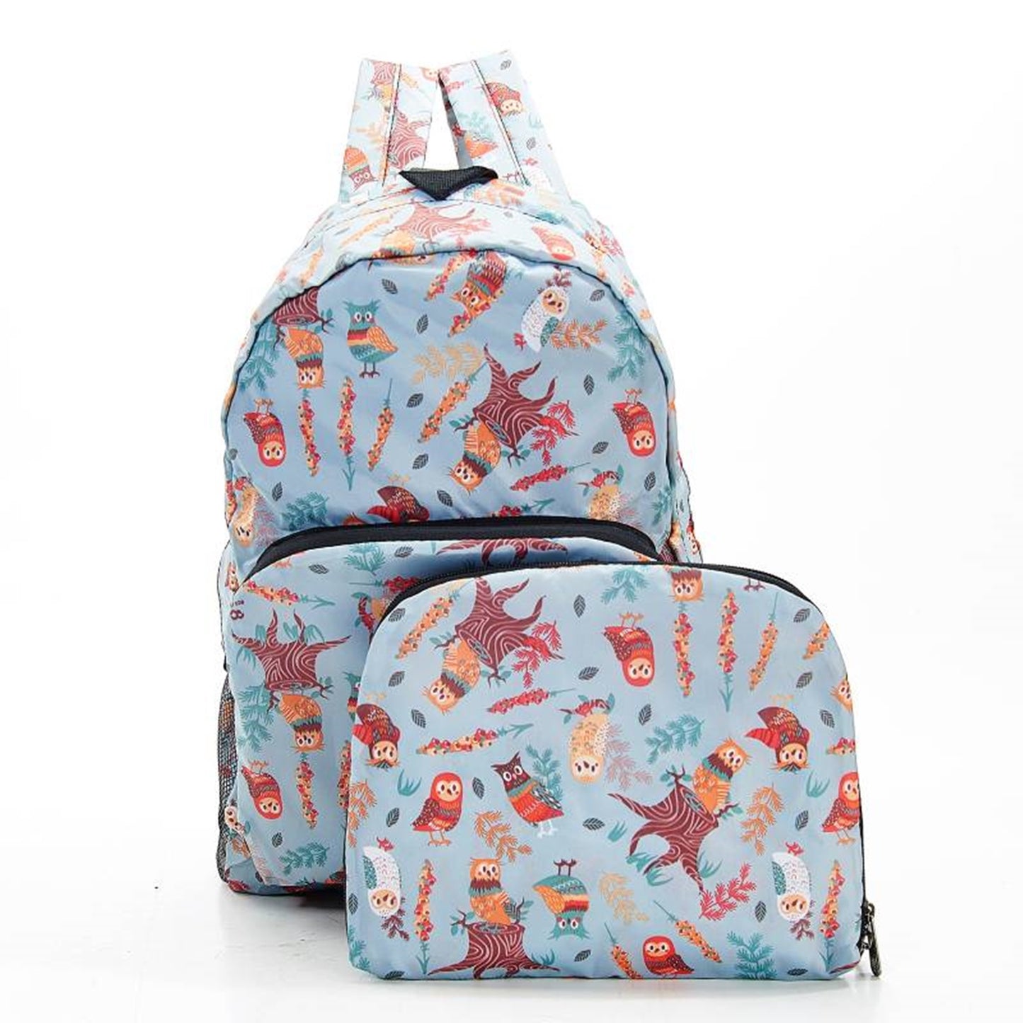 ECO CHIC Foldaway Back Pack/School Bag/Shopping Bag - Made From Recycled Plastic Bottles - Owls (Blue)