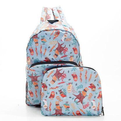 ECO CHIC Foldaway Back Pack/School Bag/Shopping Bag - Made From Recycled Plastic Bottles - Owls (Blue)