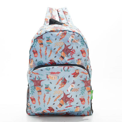 ECO CHIC Foldaway Back Pack/School Bag/Shopping Bag - Made From Recycled Plastic Bottles - Owls (Blue)