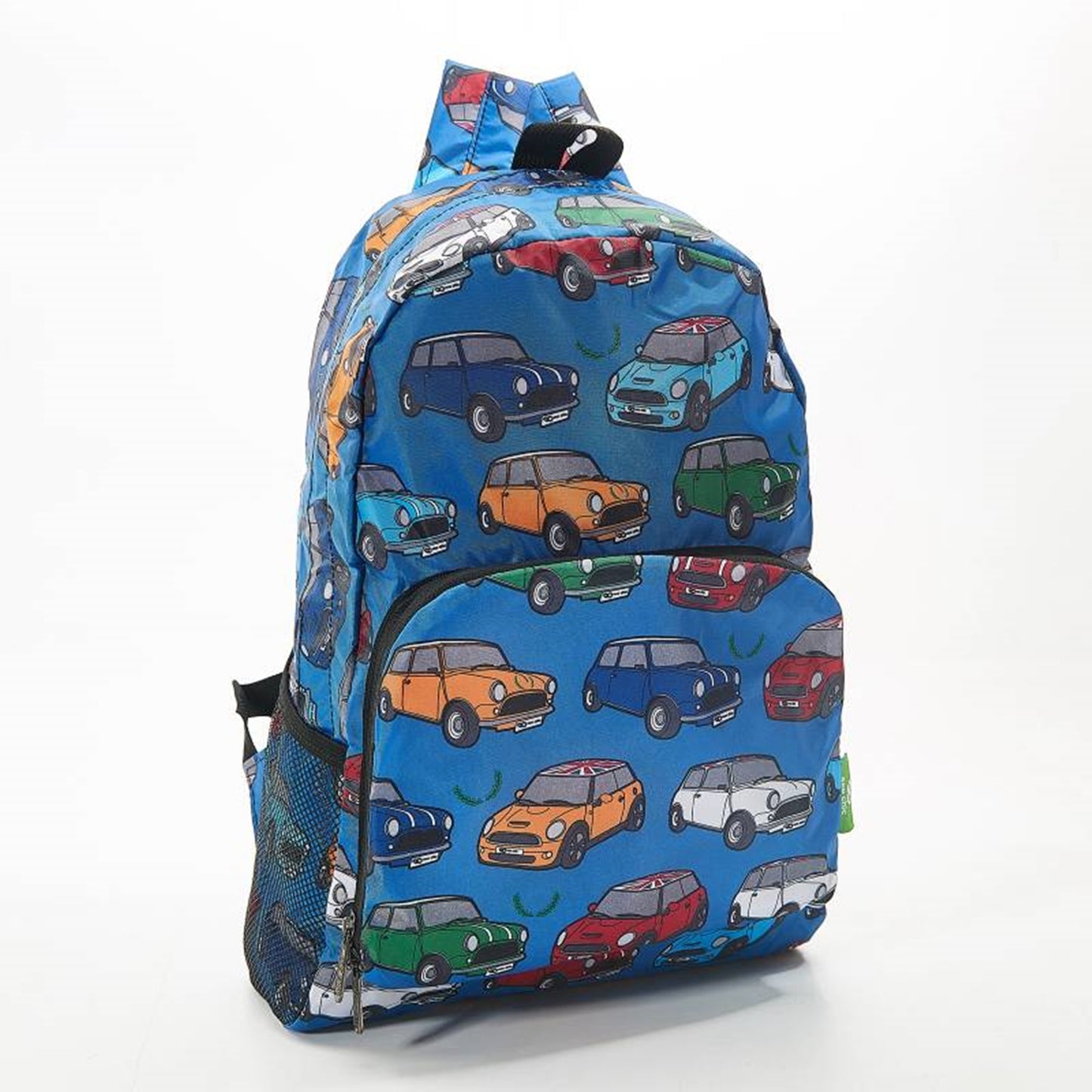 ECO CHIC Foldaway Back Pack/School Bag/Shopping Bag - Made From Recycled Plastic Bottles - Mini Car (Blue)