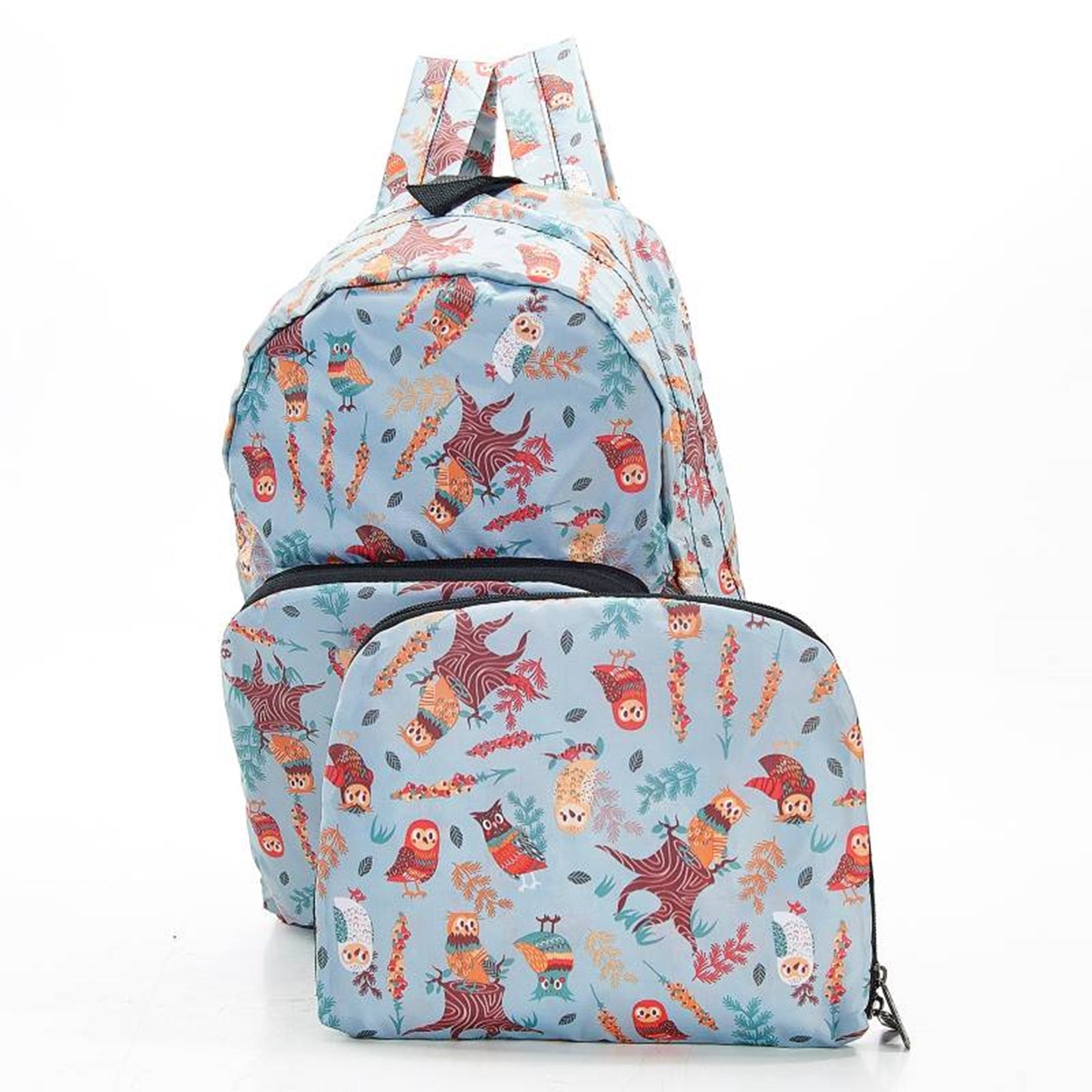 ECO CHIC Foldaway Back Pack/School Bag/Shopping Bag - Made From Recycled Plastic Bottles - Owls (Blue)