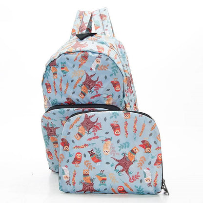 ECO CHIC Foldaway Back Pack/School Bag/Shopping Bag - Made From Recycled Plastic Bottles - Owls (Blue)