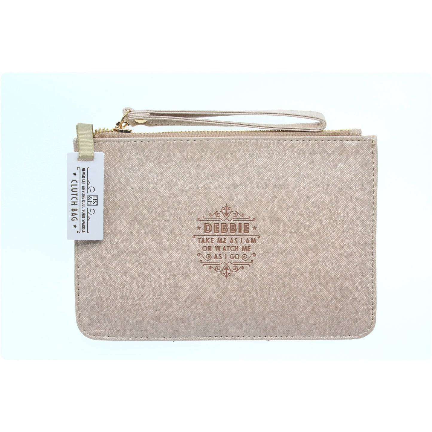 Clutch Bag With Handle & Embossed Text "Debbie"