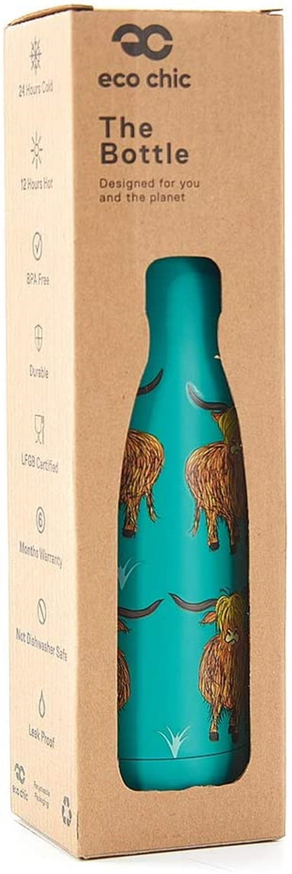 Eco Chic Reusable Thermal Bottle | Stainless Steel Insulated Travel Bottle with Leakproof Lid | Eco-Friendly and Reusable for Hot & Cold Drinks (Teal Highland Cow, 500ml/17oz)