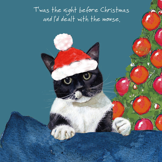 Black and White Cat Christmas Card - Dealt Mouse