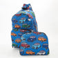 ECO CHIC Foldaway Back Pack/School Bag/Shopping Bag - Made From Recycled Plastic Bottles - Mini Car (Blue)