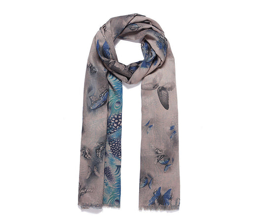 Ladies Double sided long scarf butterfly print and a feather design