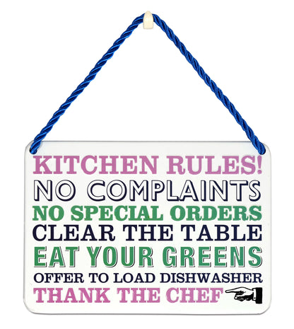 Hang Ups Kitchen Rules! - Rolled Tin Plaque with Coloured Cord