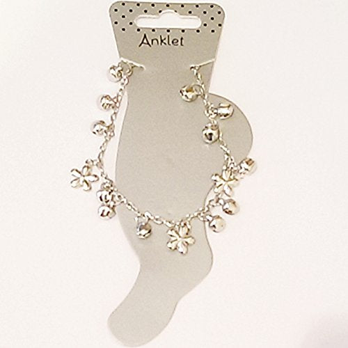 Silver coloured anklets in assorted Flower design with bell detail.