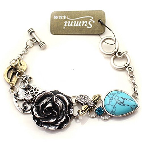 Summi Ancient Silver Tone Flower and Turquoise Vintage Style Bracelet