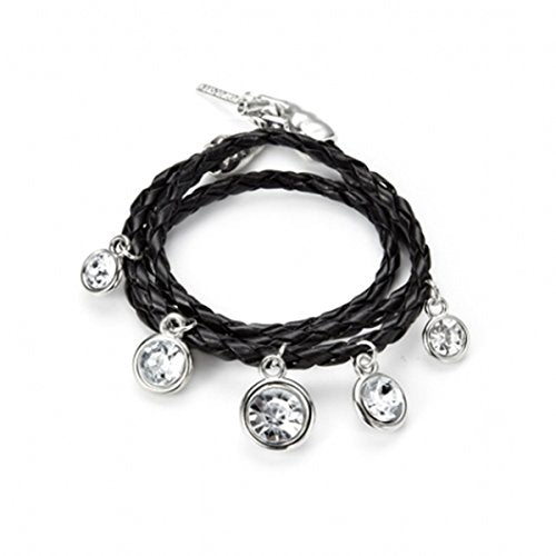 Black Leather Bracelet with Charms wraps 3 times around the wrist with silver and glass charms