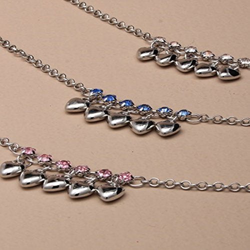 Silver coloured anklets in assorted Flower, Heart and Star designs with bell detail.
